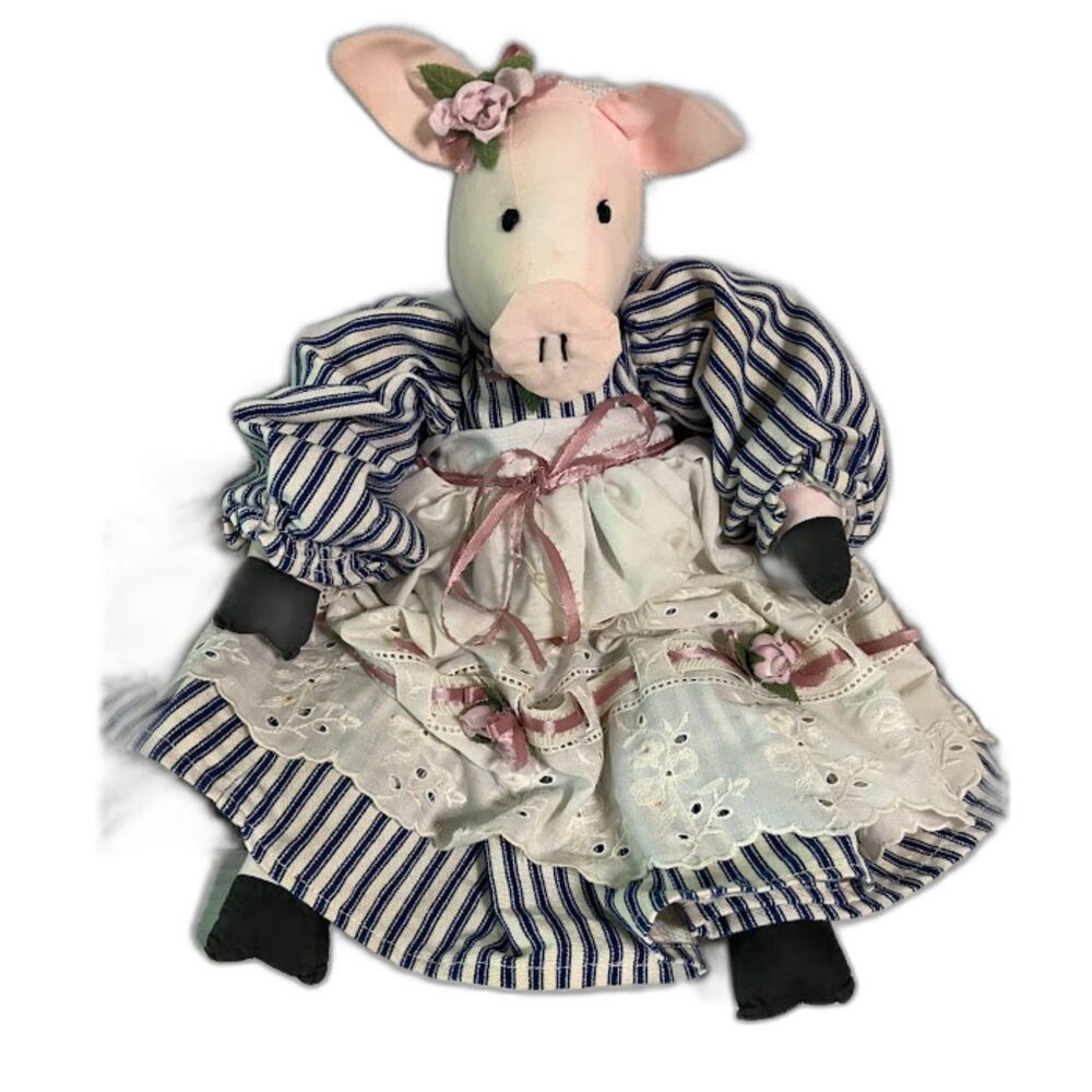 Vntg Handmade Countrycore Cottagecore Farmcore Stuffed Fabric Country Dress Pig*
